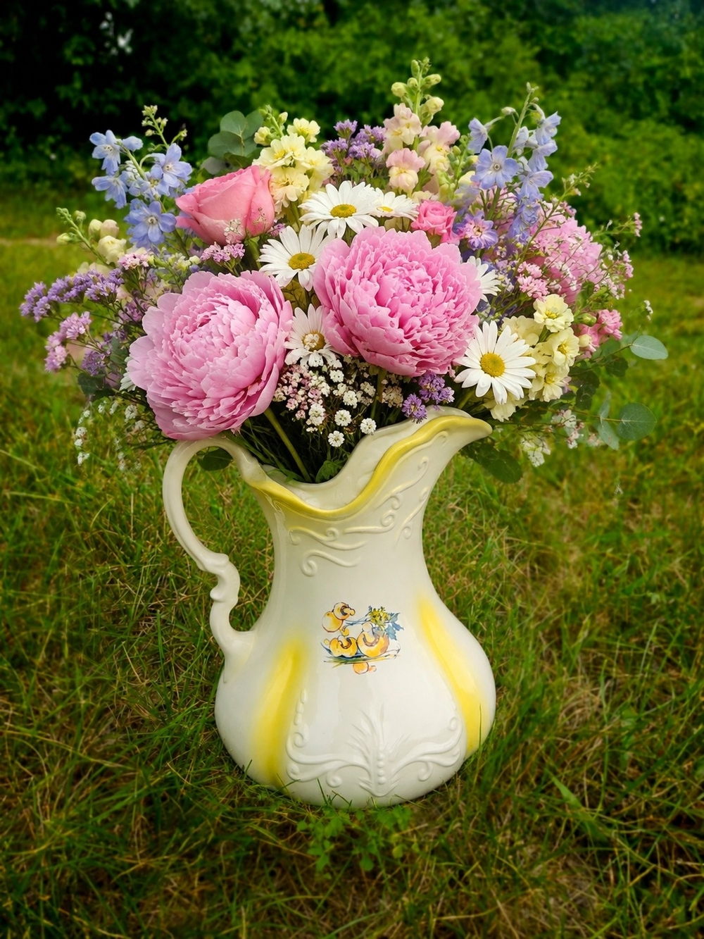 Cream and Yellow Ceramic Pitcher Vase with Floral Motif
